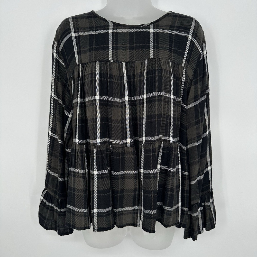 Mudpie Size‎ L Black Brown Plaid Top Holiday Flouncy Ruffle Tiered Keyhole Back